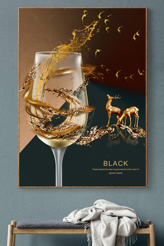 现代风线条海报模板_新中式现代发财树麋鹿飞鸟客厅晶瓷装饰画