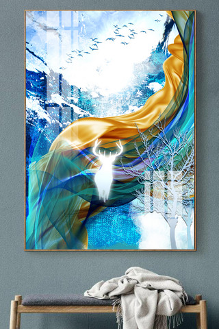 抽象现代发财树麋鹿飞鸟客厅晶瓷装饰画