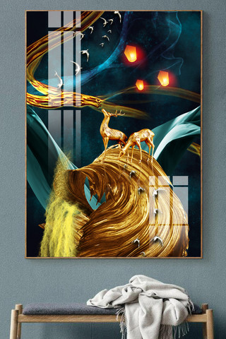 中式星空海报模板_新中式现代发财树麋鹿飞鸟客厅晶瓷装饰画