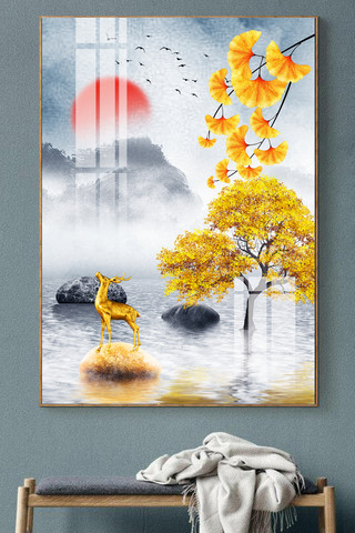 水墨山水飞鸟海报模板_新中式现代发财树麋鹿飞鸟客厅晶瓷装饰画
