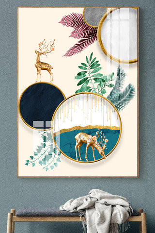 新中式现代发财树几何麋鹿客厅晶瓷装饰画