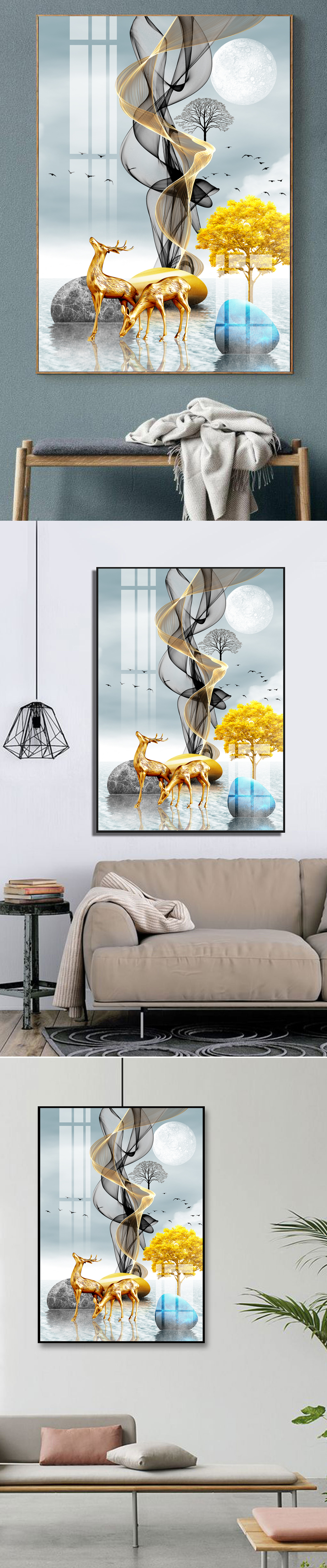 新中式现代发财树麋鹿飞鸟客厅晶瓷装饰画图片