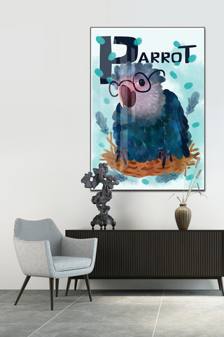 卡通水彩动物海报模板_2020年蓝色北欧水彩鹦鹉装饰画