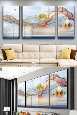 新中式客厅背景海报模板_创意轻奢抽象线条艺术麋鹿风景装饰画