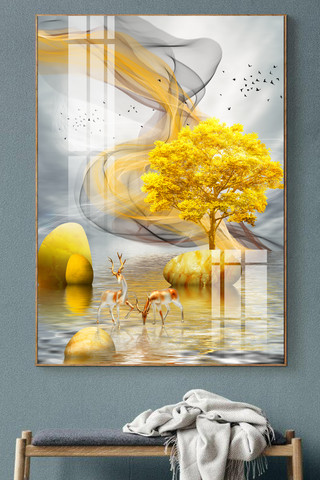 星空线条背景海报模板_创意轻奢抽象艺术麋鹿风景装饰画