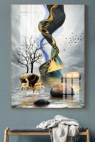轻奢风装饰画海报模板_创意轻奢抽象线条艺术麋鹿风景装饰画