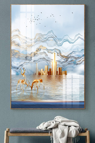 抽象线条艺术海报模板_创意轻奢抽象线条艺术麋鹿风景装饰画