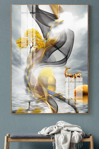 轻国风海报模板_创意轻奢抽象线条艺术麋鹿风景装饰画