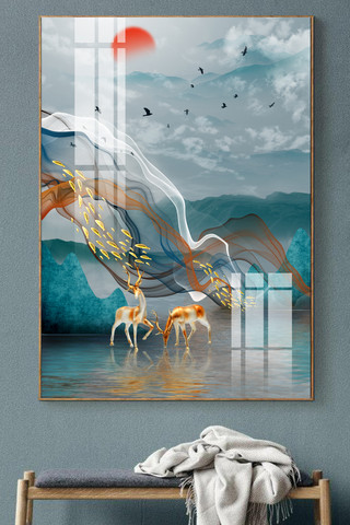 新中式抽象线条海报模板_创意轻奢抽象线条艺术麋鹿风景装饰画