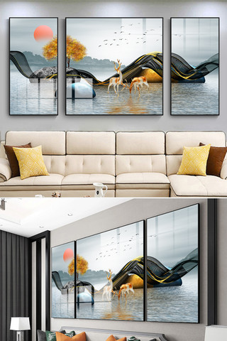 新中式抽象背景海报模板_创意轻奢抽象线条艺术麋鹿风景装饰画