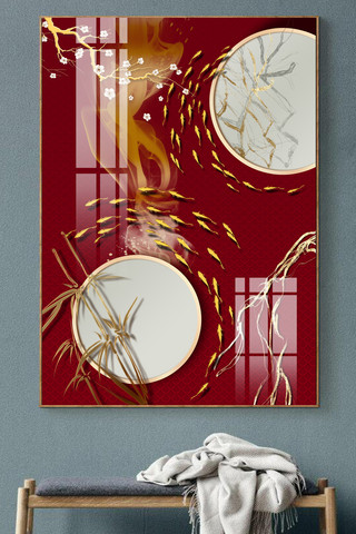 新中式客厅背景海报模板_新中式传统装饰金色简约装饰画