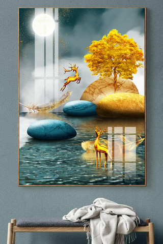水墨山水新中式海报模板_新中式传统装饰金色简约装饰画