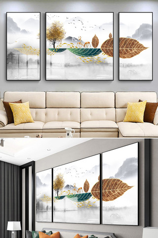 中国线条山水海报模板_中国风简约新中式奢华水墨山水装饰