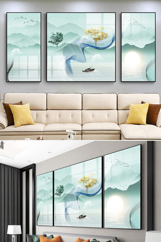 中国风金色山水海报模板_中国风简约新中式奢华水墨山水装饰