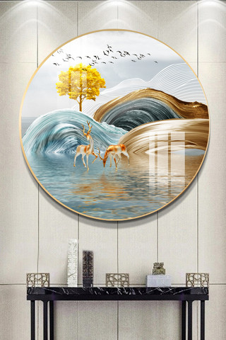 新中式轻奢海报模板_原创新中式轻奢抽象黑金山水麋鹿装饰画