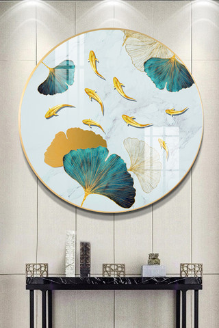 鱼抽象海报模板_现代抽象金色线条九鱼图晶瓷画装饰画