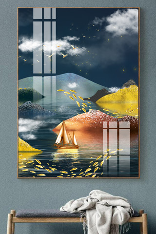 水墨山水新中式海报模板_新中式传统装饰金色简约装饰画