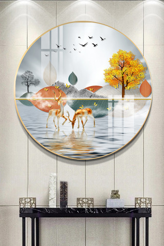 新中式水墨山水海报模板_新中式传统装饰金色简约装饰画