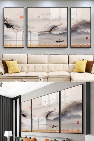 现代装饰海报模板_中国风中式轻奢现代装饰金色简约装饰画
