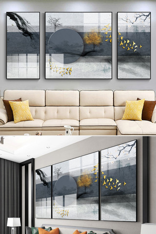 中国线条山水海报模板_中国风中式轻奢现代装饰金色简约装饰画