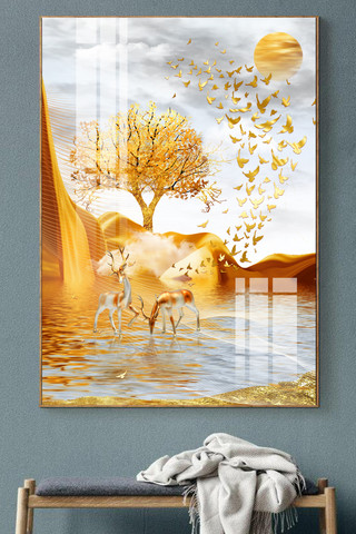 新中式线条背景墙海报模板_轻奢现代装饰金色简约装饰画