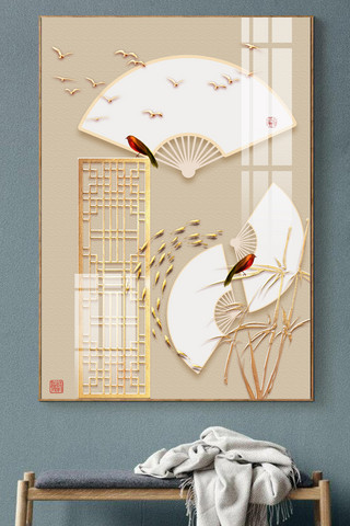 边框简约中国风海报模板_简约黄色中国风折扇装饰画