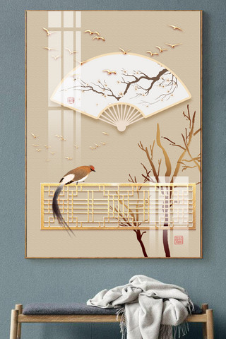 中国风简约边框海报模板_简约黄色中国风折扇装饰画