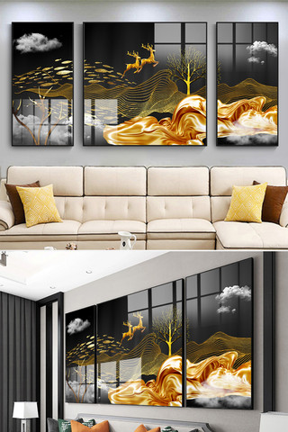 鱼抽象海报模板_轻奢现代装饰金色简约装饰画