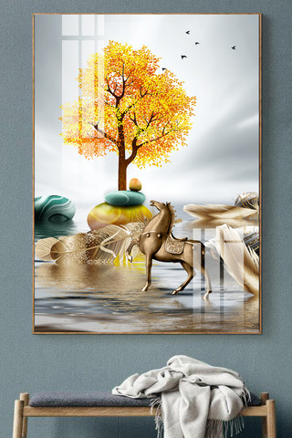 金色3d背景海报模板_原创手绘轻奢金色绸缎麋鹿风景装饰画