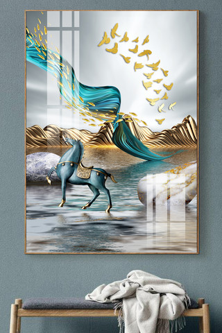 抽象山水风景海报模板_原创手绘轻奢金色绸缎麋鹿风景装饰画