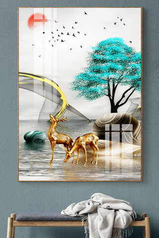 原创手绘创意海报模板_原创手绘轻奢金色绸缎麋鹿风景装饰画