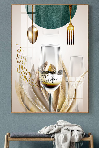 餐厅装饰画海报模板_轻奢北欧金箔抽象餐厅酒杯装饰画