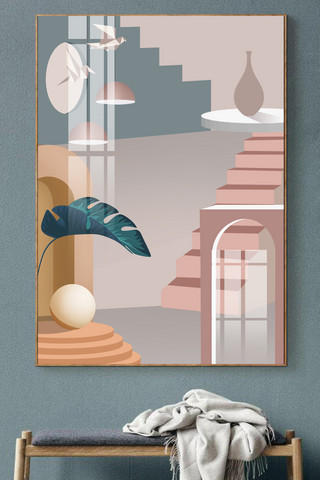 抽象建筑空间海报模板_北欧立体建筑莫兰迪色系几何空间装饰画
