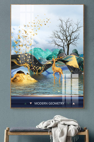 金色山水画海报模板_原创手绘轻奢金色绸缎麋鹿风景装饰画