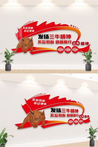 三牛精神宣传栏文化墙海报模板_红色发扬三牛精神内容文化墙设计模板
