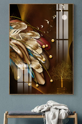 羽毛特效海报模板_轻奢北欧手绘飞鸟创意羽毛艺术装饰画