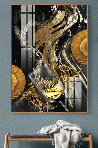 酒杯简约海报模板_原创金色简约酒杯抽象线条轻奢装饰画