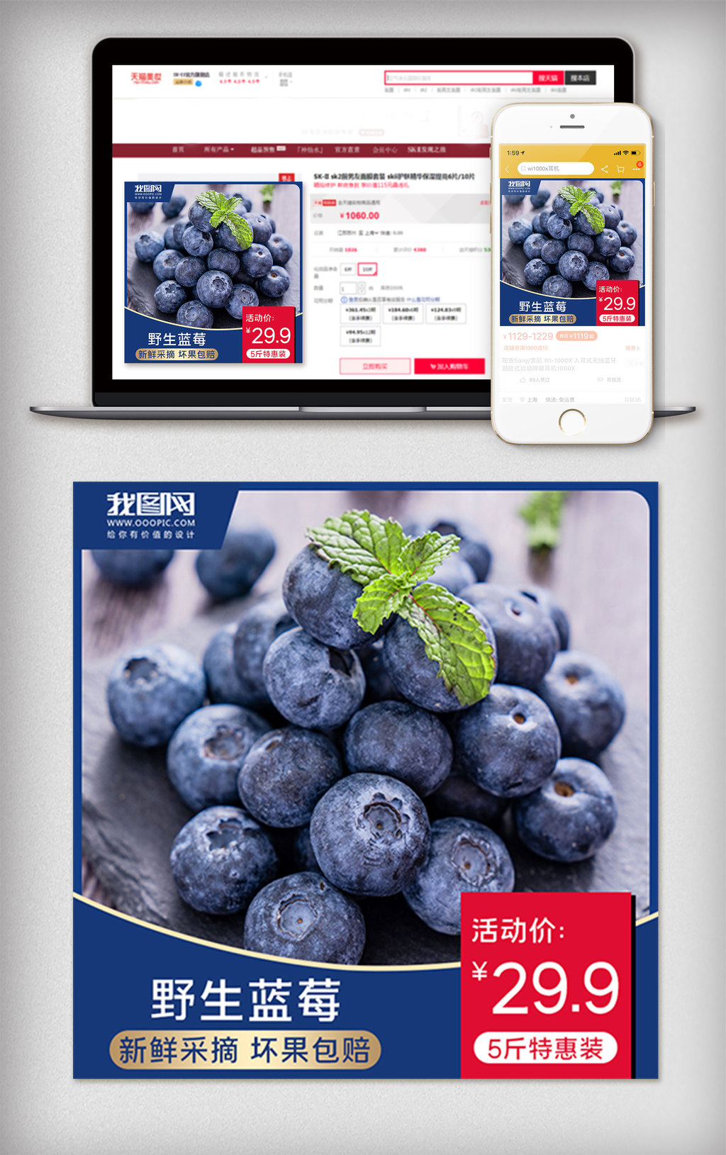 蓝色蓝莓水果通用促销主图图片