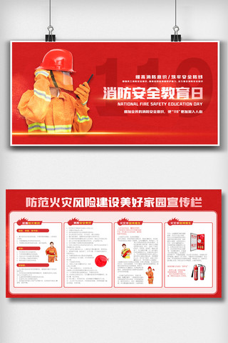 安全知识展板海报模板_2021年红色大气消防安全教育日双面展板