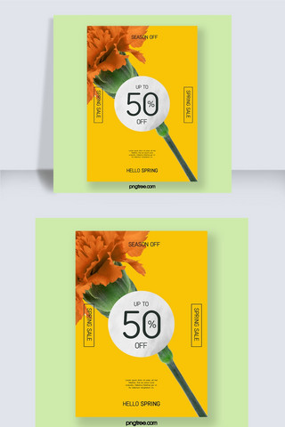 植物花黄色海报模板_春季简约叶子植物花卉折扣优惠促销海报