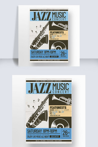 色块质感海报模板_复古色块蓝色简约乐器简约纹理质感爵士音乐会海报