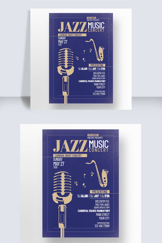 纹理色块海报模板_简约复古宝蓝色线框色块乐器爵士音乐会海报