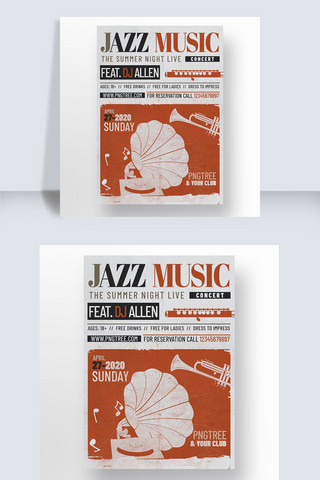 纹理质感灰色海报模板_灰色复古红块纹理质感乐器爵士音乐会海报
