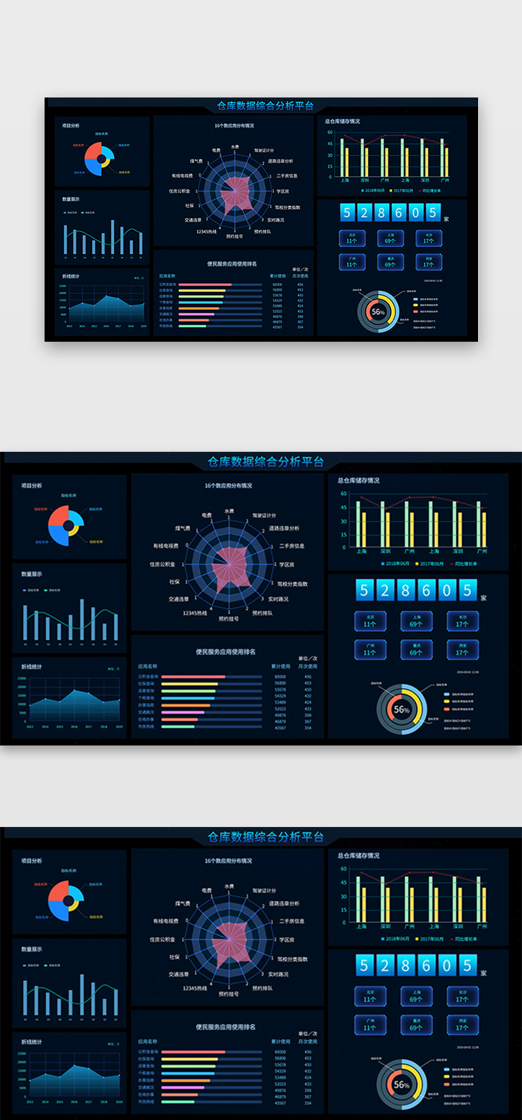 深蓝色简约大气仓库综合数据分析平台页面图片