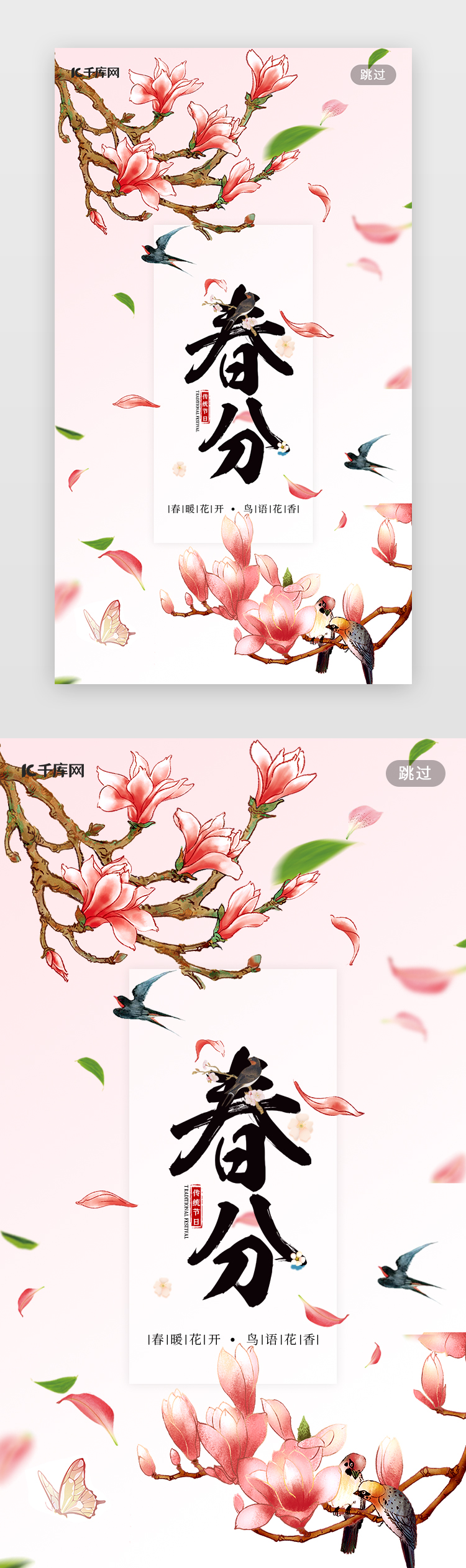 春分闪屏中国风粉红色玉兰花 鸟 花瓣图片