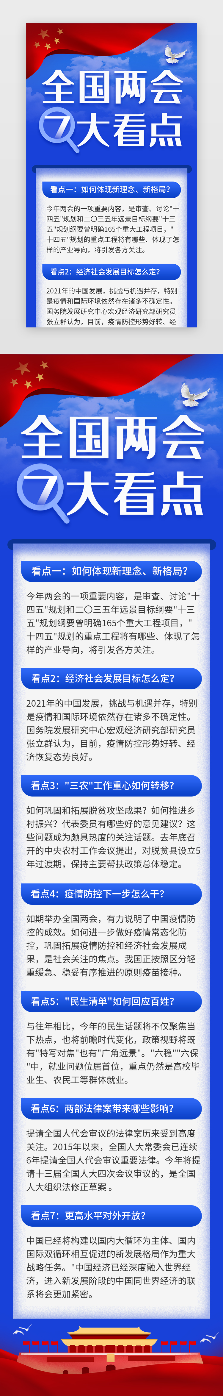 两会看点H5扁平蓝色红旗图片