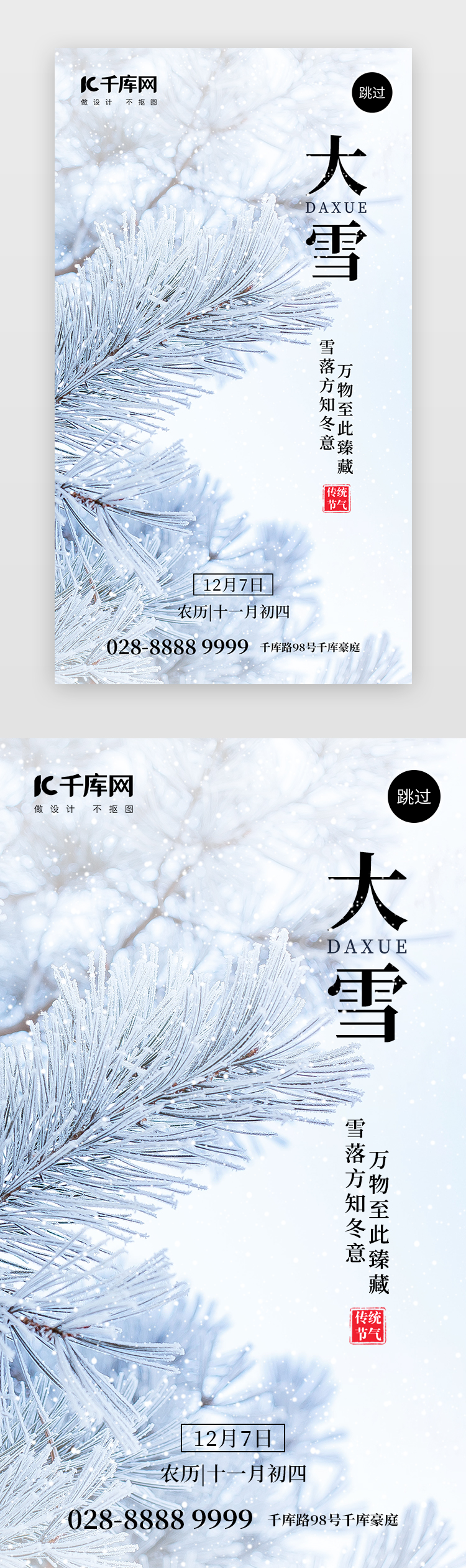 二十四节气大雪app闪屏创意雪白雪松图片