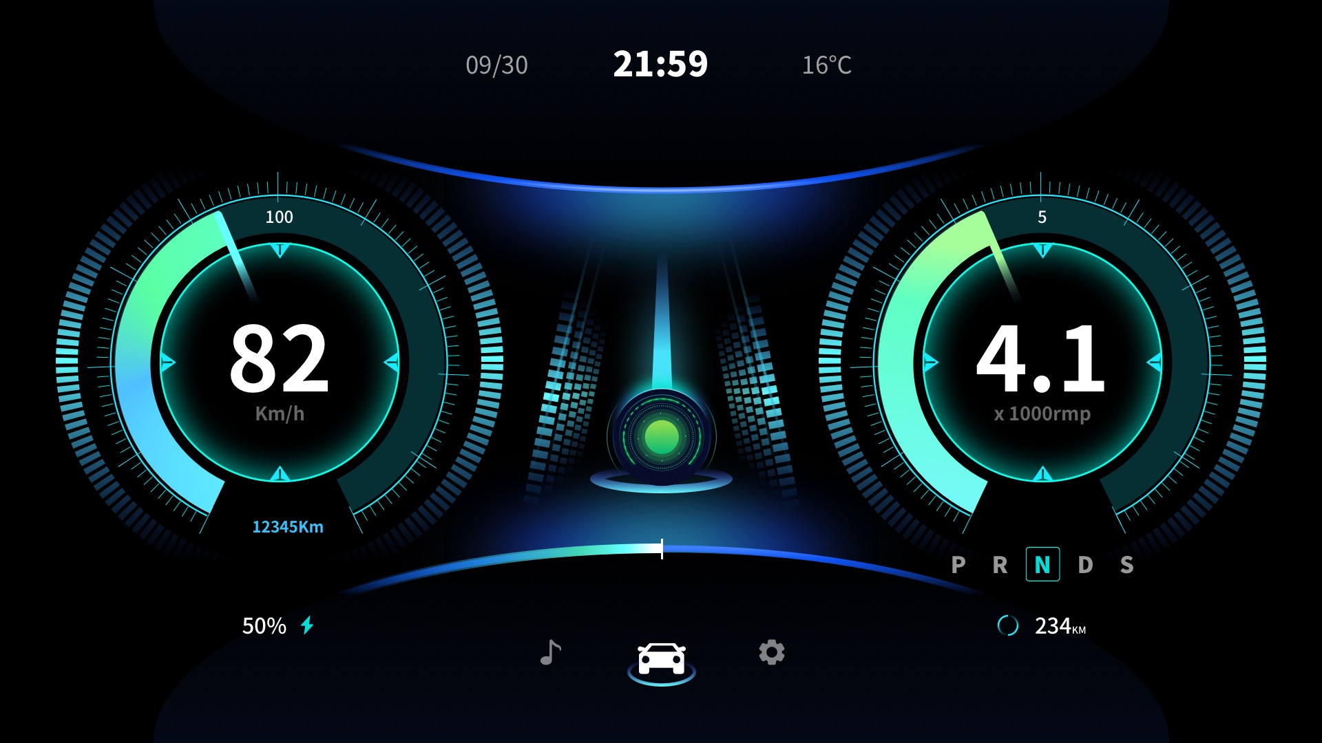 科技感汽车车载导航系统UI智慧大屏 酷炫 光效 霓虹暗黑 蓝色 绿色仪表盘图片