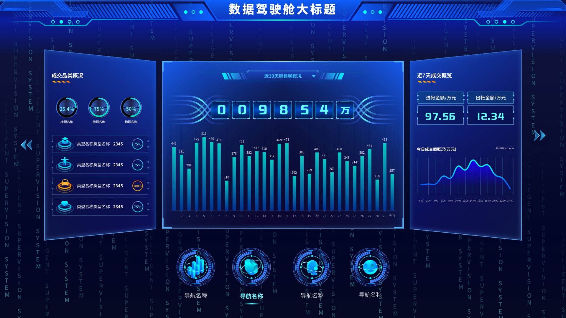 大数据可视化网页 首页 大屏科技感 3D立体蓝色 黑色icon 立体图标 大屏图片