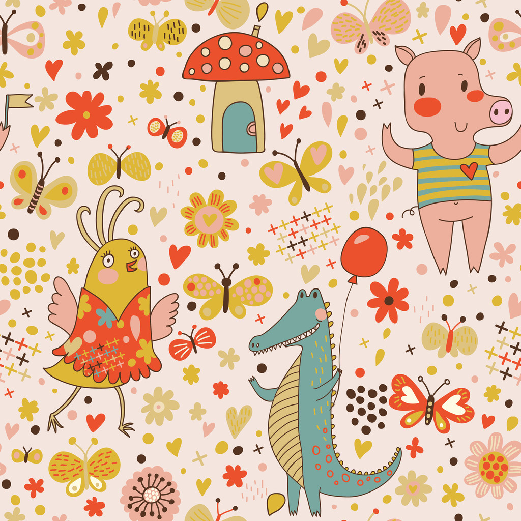Funny cartoon animals in vector. Cute seamless pattern for children's wallpapers in pink colors图片
